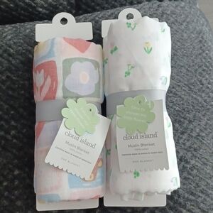 2 New Cloud Island Muslin Blankets 47 in x 47 in 100% cotton